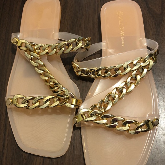 New Wild Diva Lounge Peach Plastic Jelly Flat sandals Size 10 Gold chain Braided - Picture 12 of 16